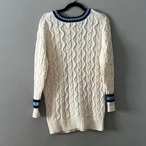American Eagle Cable Knit V Neck Sweater Oversized Small Cream Blue Trim Preppy - Picture 3 of 5